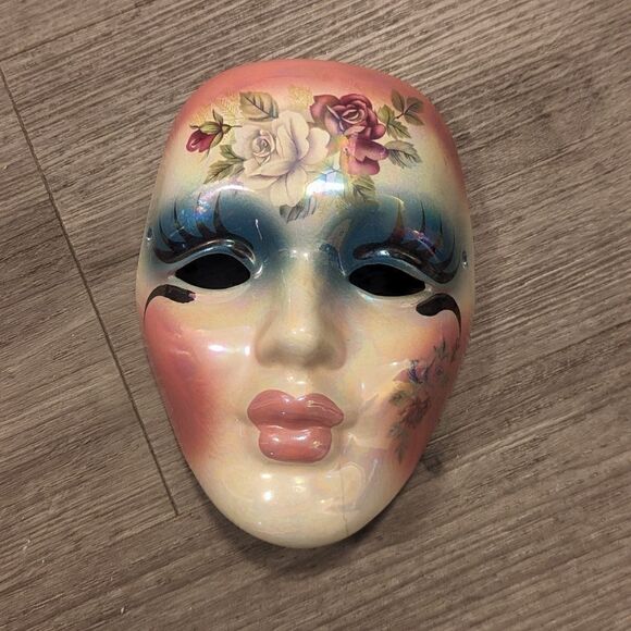 Handmade Ceramic Roses Mardi Gras Style Decor Mask - Picture 1 of 10
